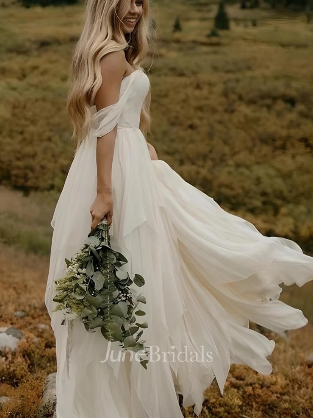 Off-Shoulder Ivory Bridal Gown chiffon a-line wedding dress